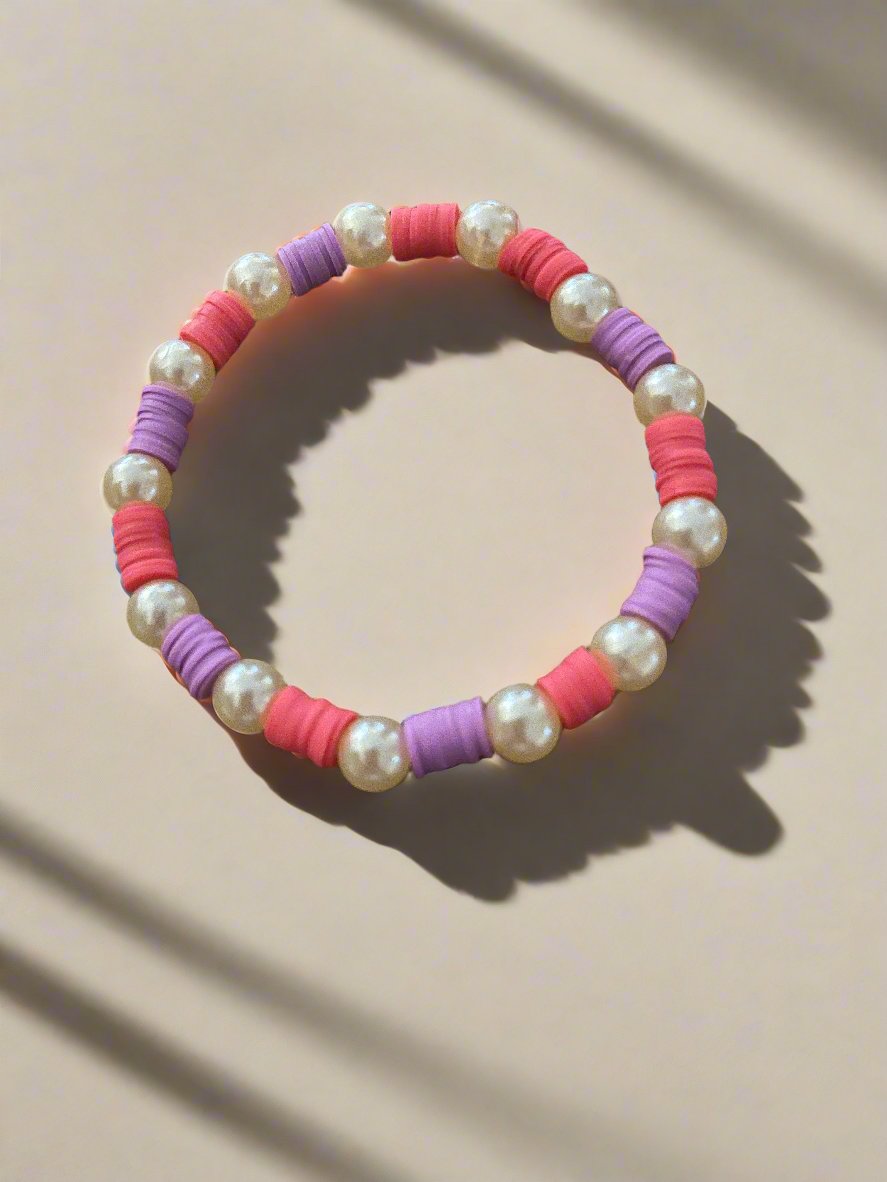 Pink &amp; Purple Clay and Pearl Beaded Stretch BraceletPink tiful of LOVE