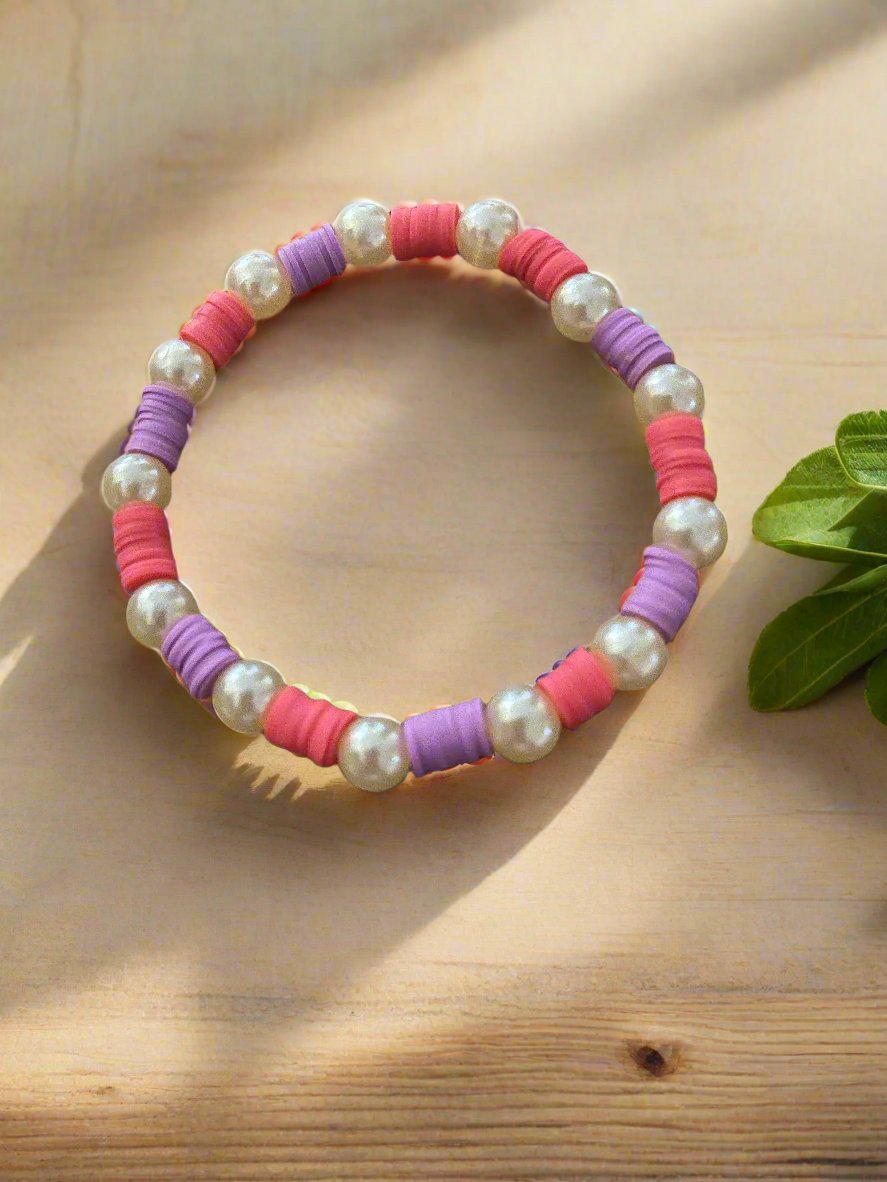 Pink &amp; Purple Clay and Pearl Beaded Stretch BraceletPink tiful of LOVE