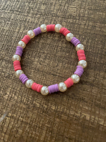 Pink &amp; Purple Clay and Pearl Beaded Stretch BraceletPink tiful of LOVE