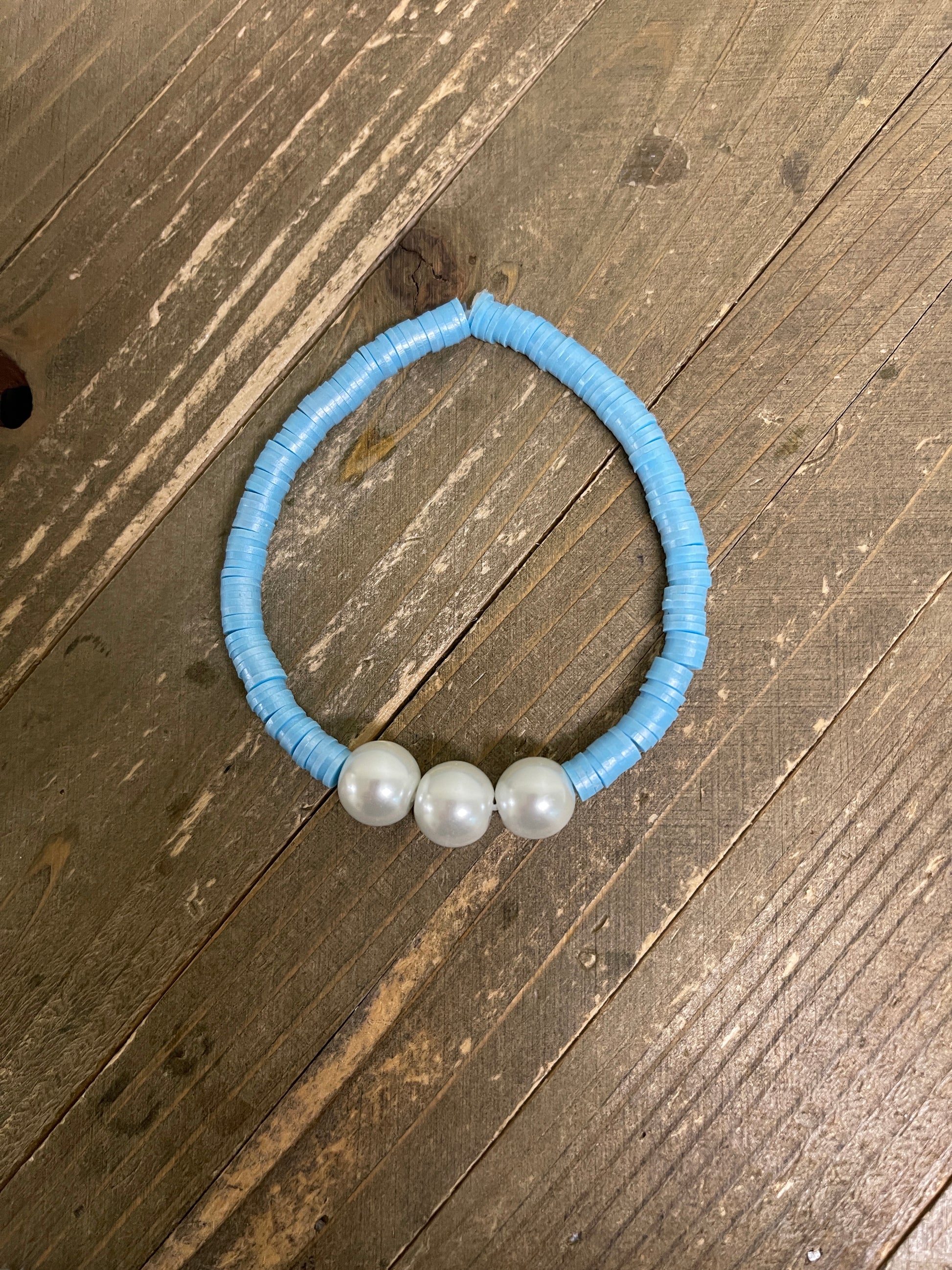 Pearls  &amp; Baby Blue Clay Beaded Stretch BraceletPink tiful of LOVE