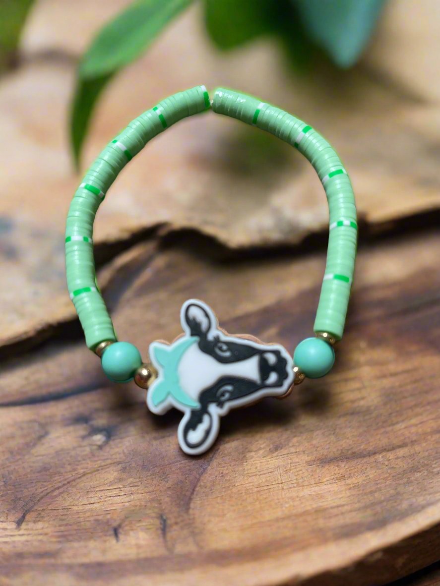 Teal Cow  and Green Clay Beaded Stretch BraceletPink tiful of LOVE