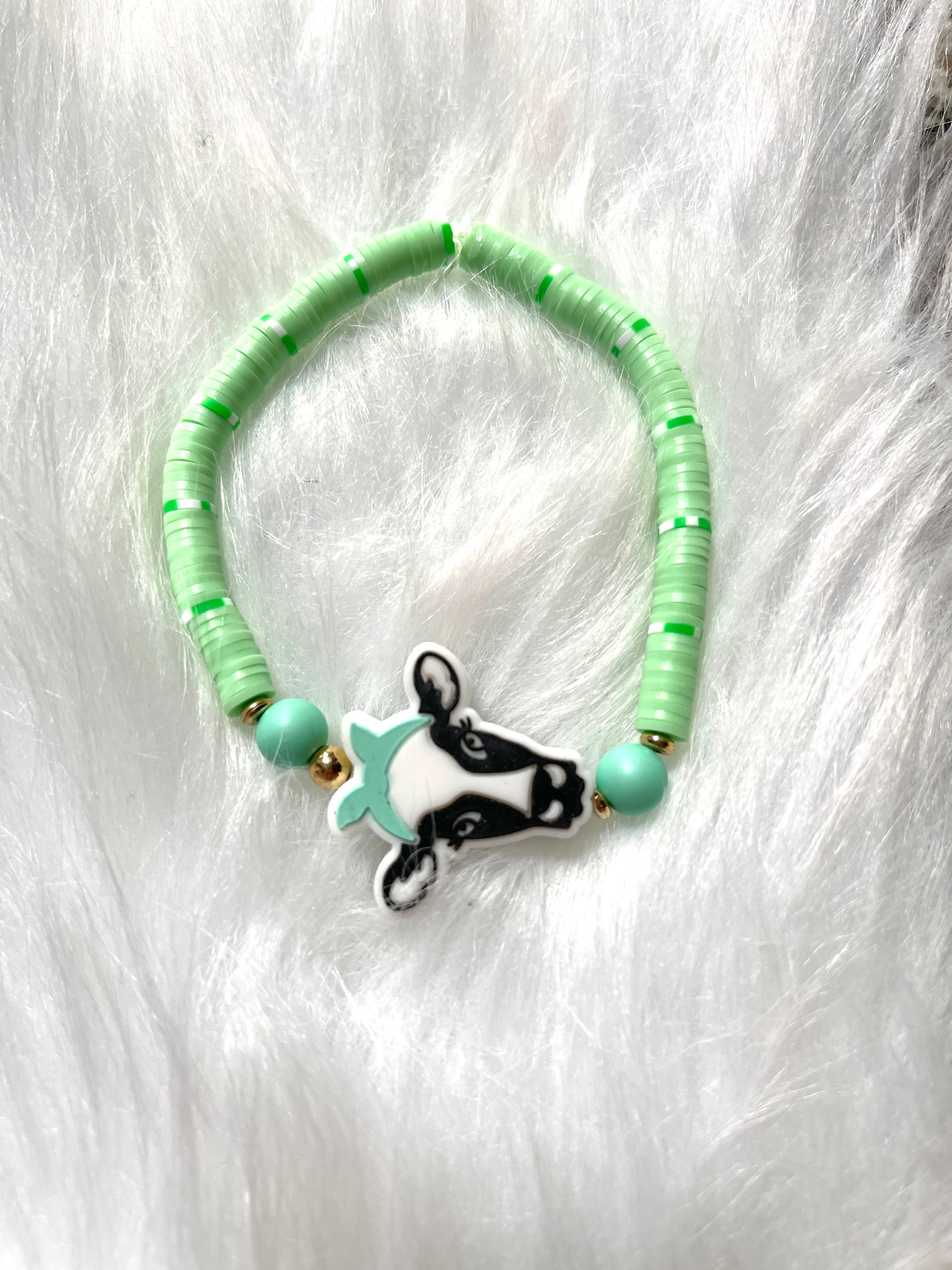 Teal Cow  and Green Clay Beaded Stretch BraceletPink tiful of LOVE