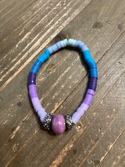 Purple Glass bead  &amp; shades of blue and purple Clay Beaded Stretch BraceletPink tiful of LOVE