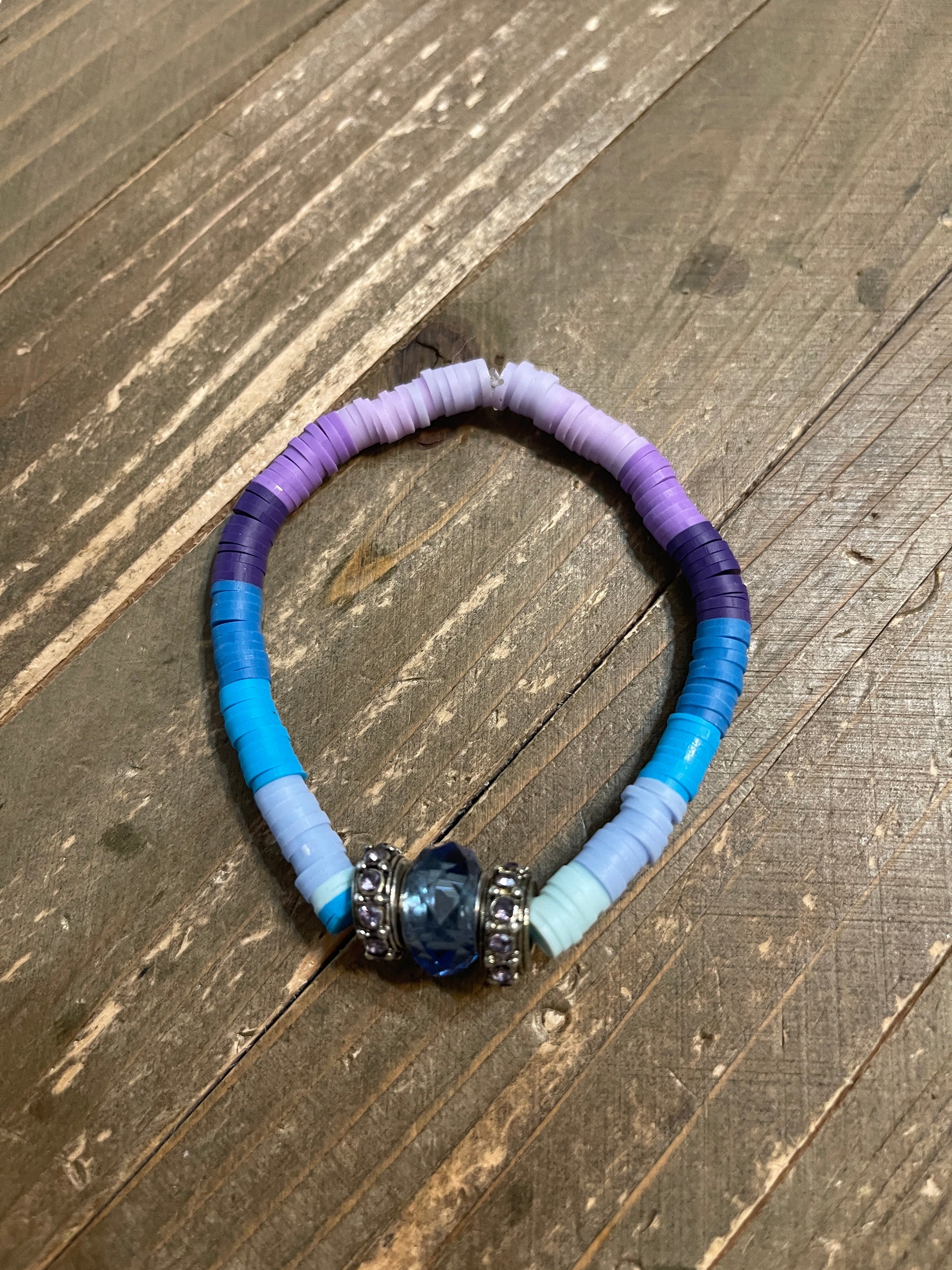 Blue Glass bead  &amp; shades of purple and blue Clay Beaded Stretch BraceletPink tiful of LOVE