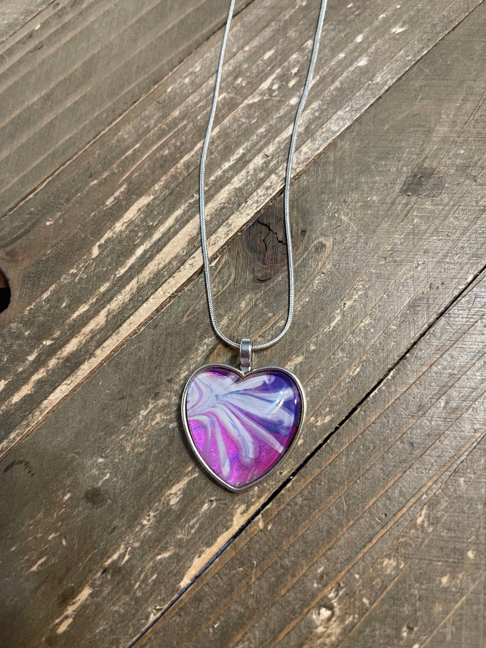 Acrylic Pour Paint - Pink, Purple &amp; White Heart Pendant on a Silver Chain NecklacePink tiful of LOVE