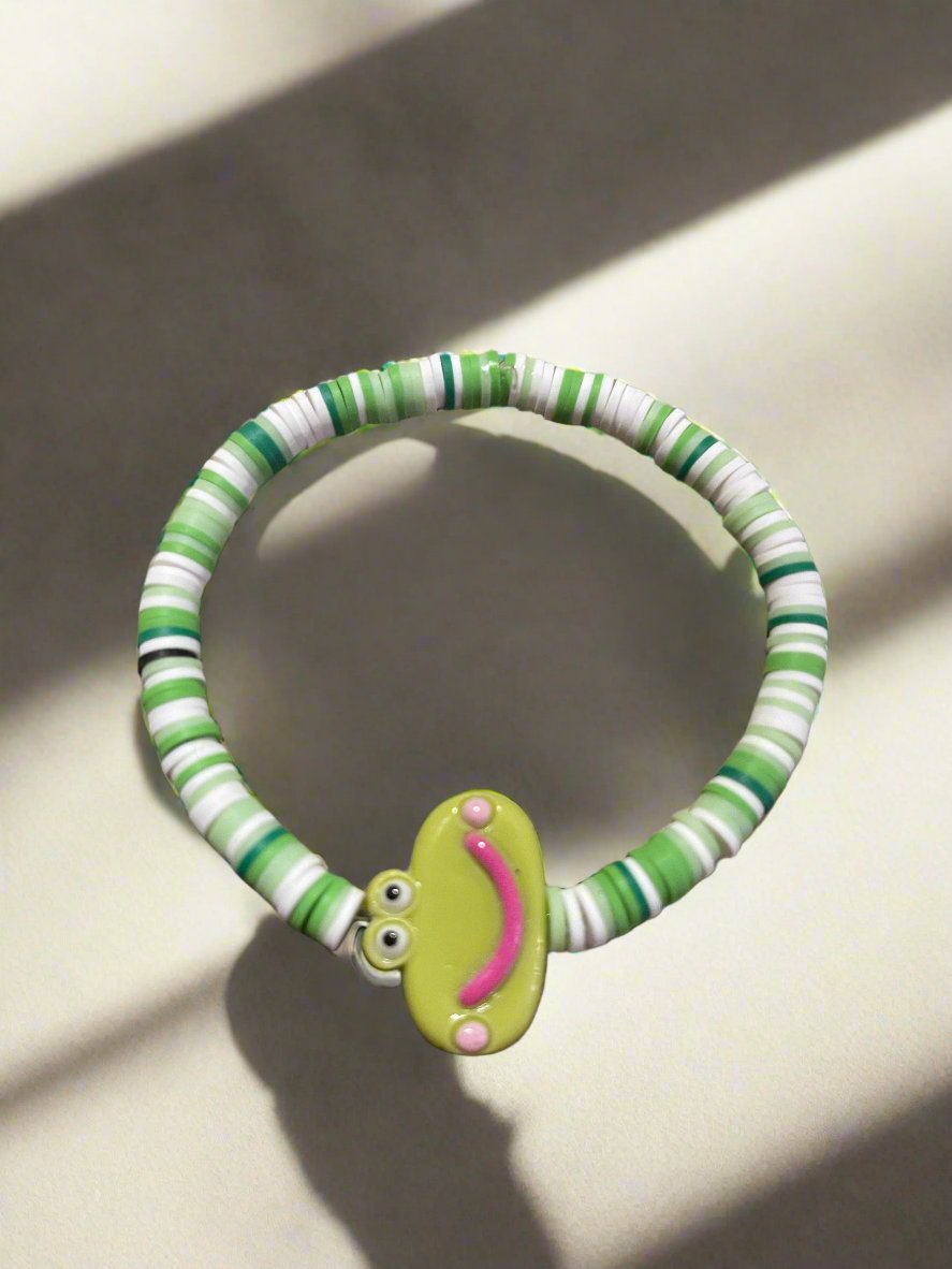 Green Smiling Frog Green &amp; White Clay Beaded Stretch BraceletPink tiful of LOVE