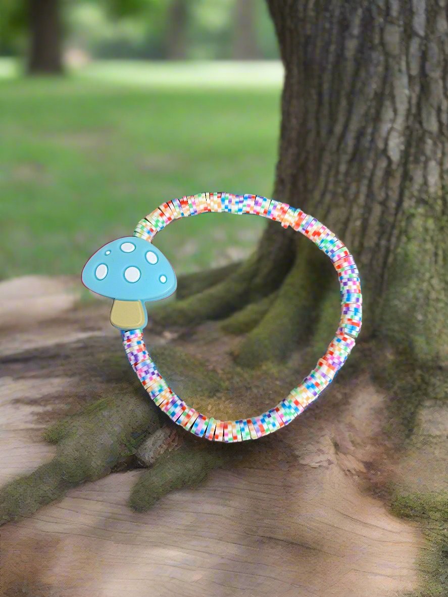 Blue Mushroom and Clay Beaded Stretch BraceletPink tiful of LOVE