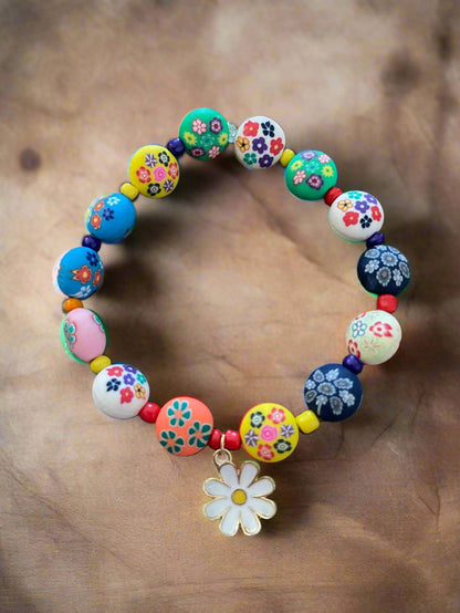 Daisy Charm  and Flower ClayBeaded Stretch BraceletPink tiful of LOVE