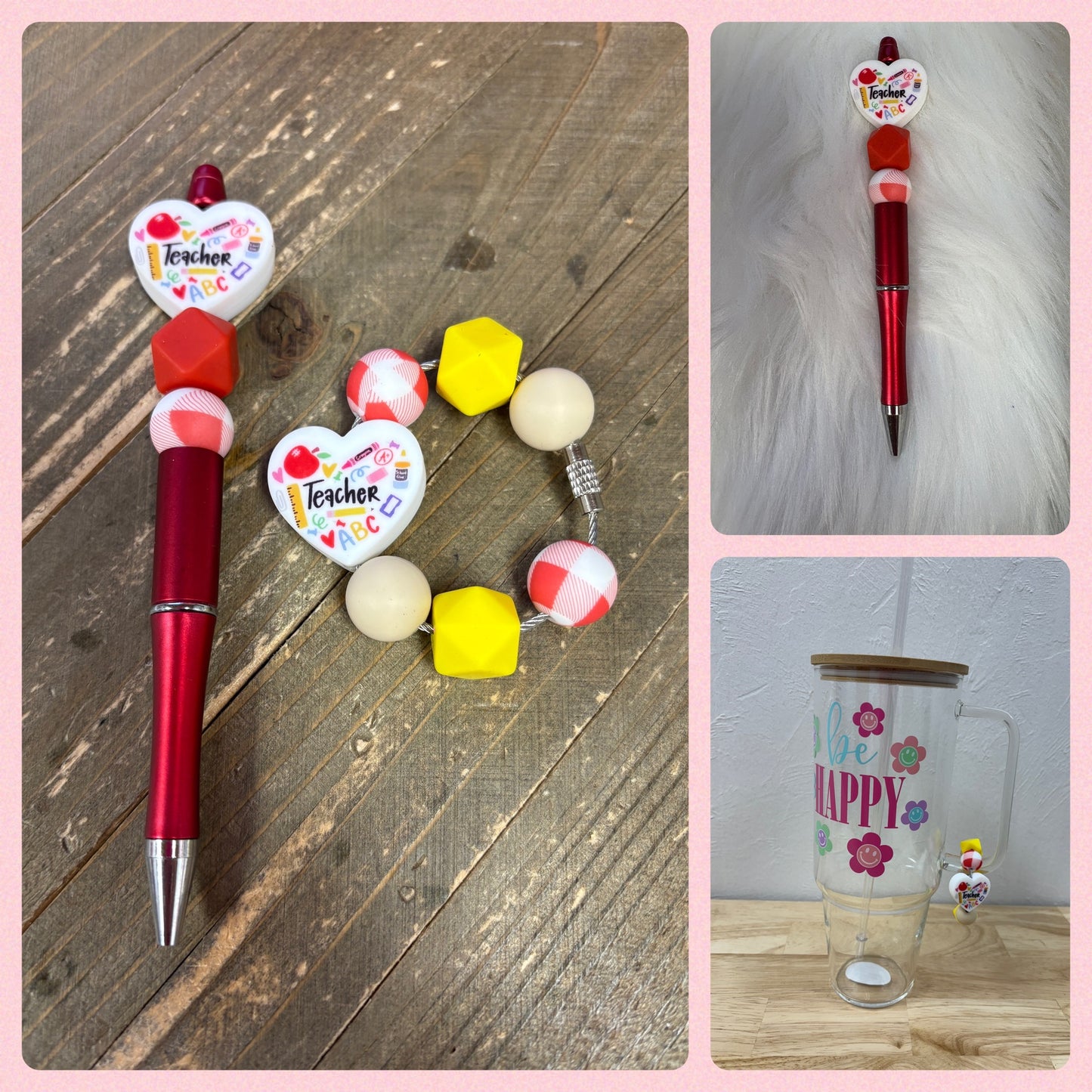 Teacher Beverage Cup/Tumbler Charm and Beadable Pen SetPink tiful of LOVE