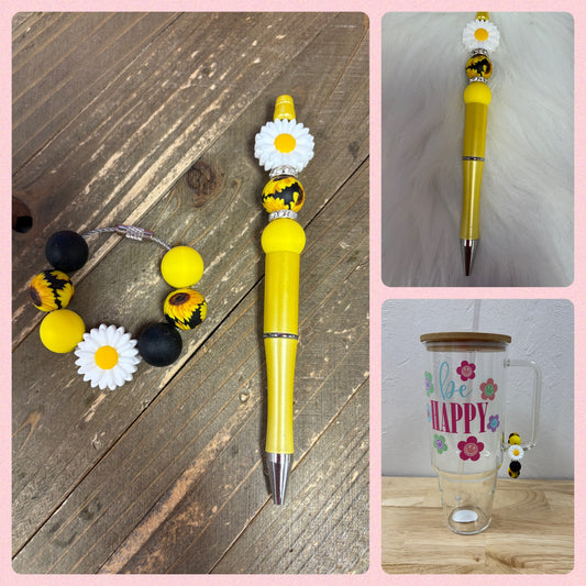 Flower Beverage Cup/Tumbler Charm and Beadable Pen Set