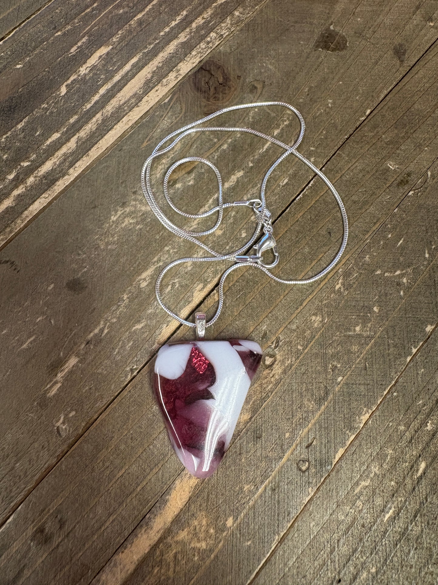 Fused Glass-Pink & White Pendant on a Silver Chain Necklace