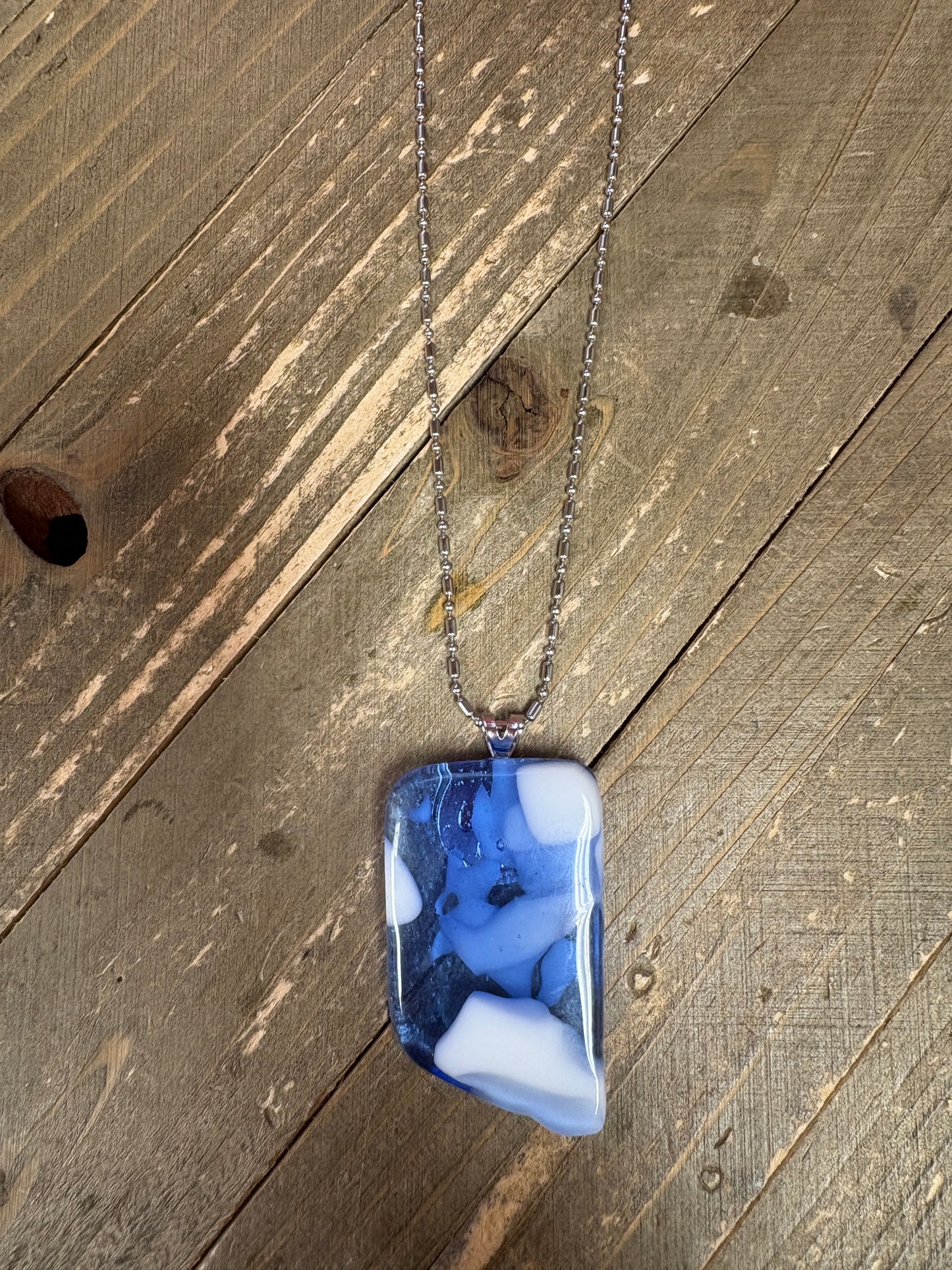 Fused Glass-blue with white  Irregular shaped Pendant on a dainty silver Chain Necklace