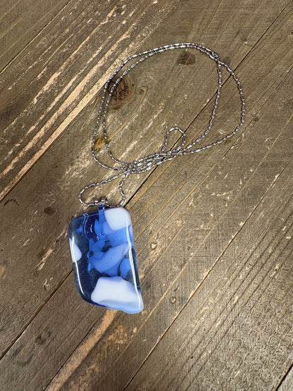 Fused Glass-blue with white  Irregular shaped Pendant on a dainty silver Chain Necklace