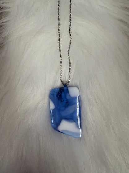 Fused Glass-blue with white  Irregular shaped Pendant on a dainty silver Chain Necklace