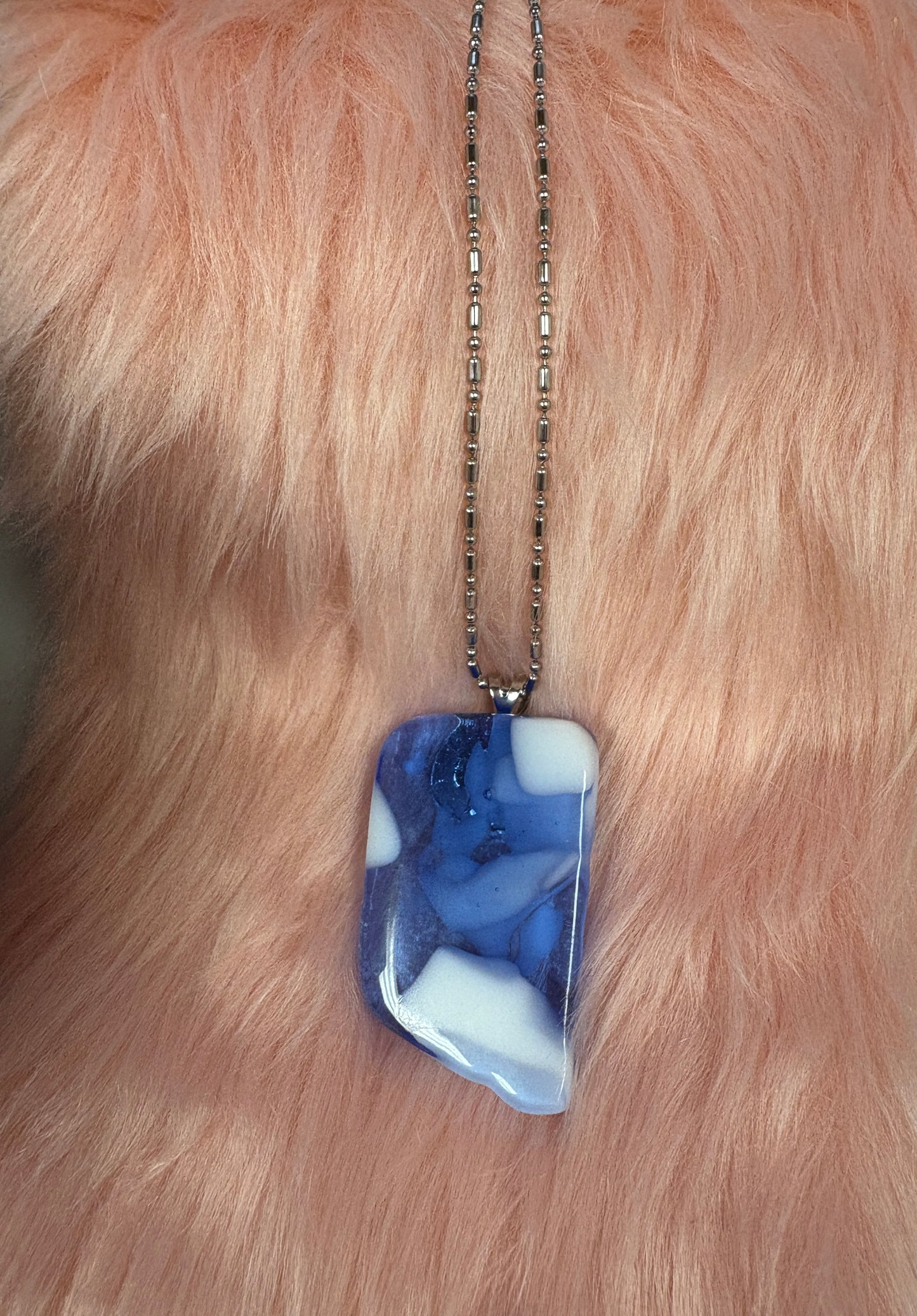 Fused Glass-blue with white  Irregular shaped Pendant on a dainty silver Chain Necklace