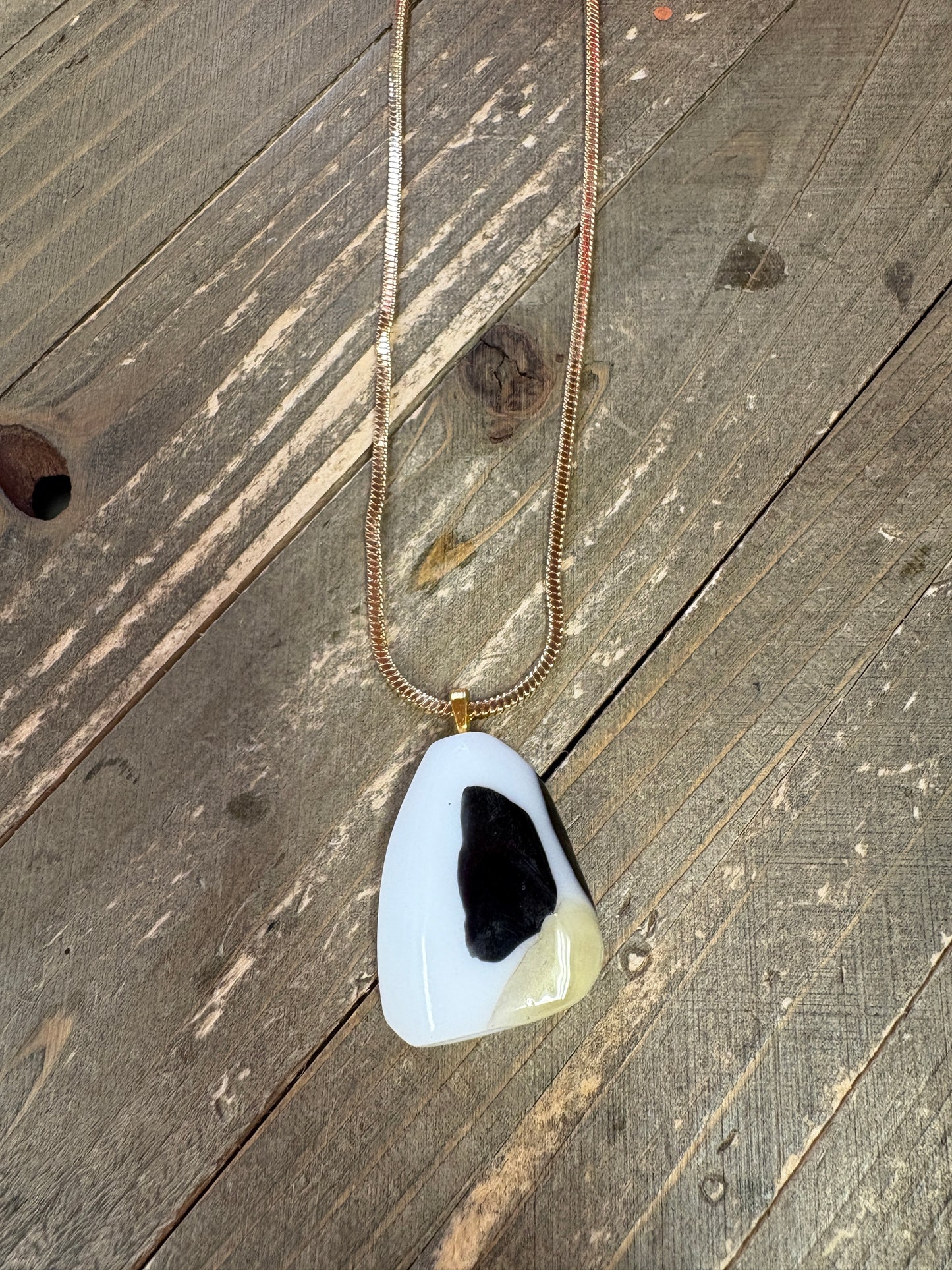 Fused Glass-white with black Triangle shaped Pendant on a gold Chain Necklace