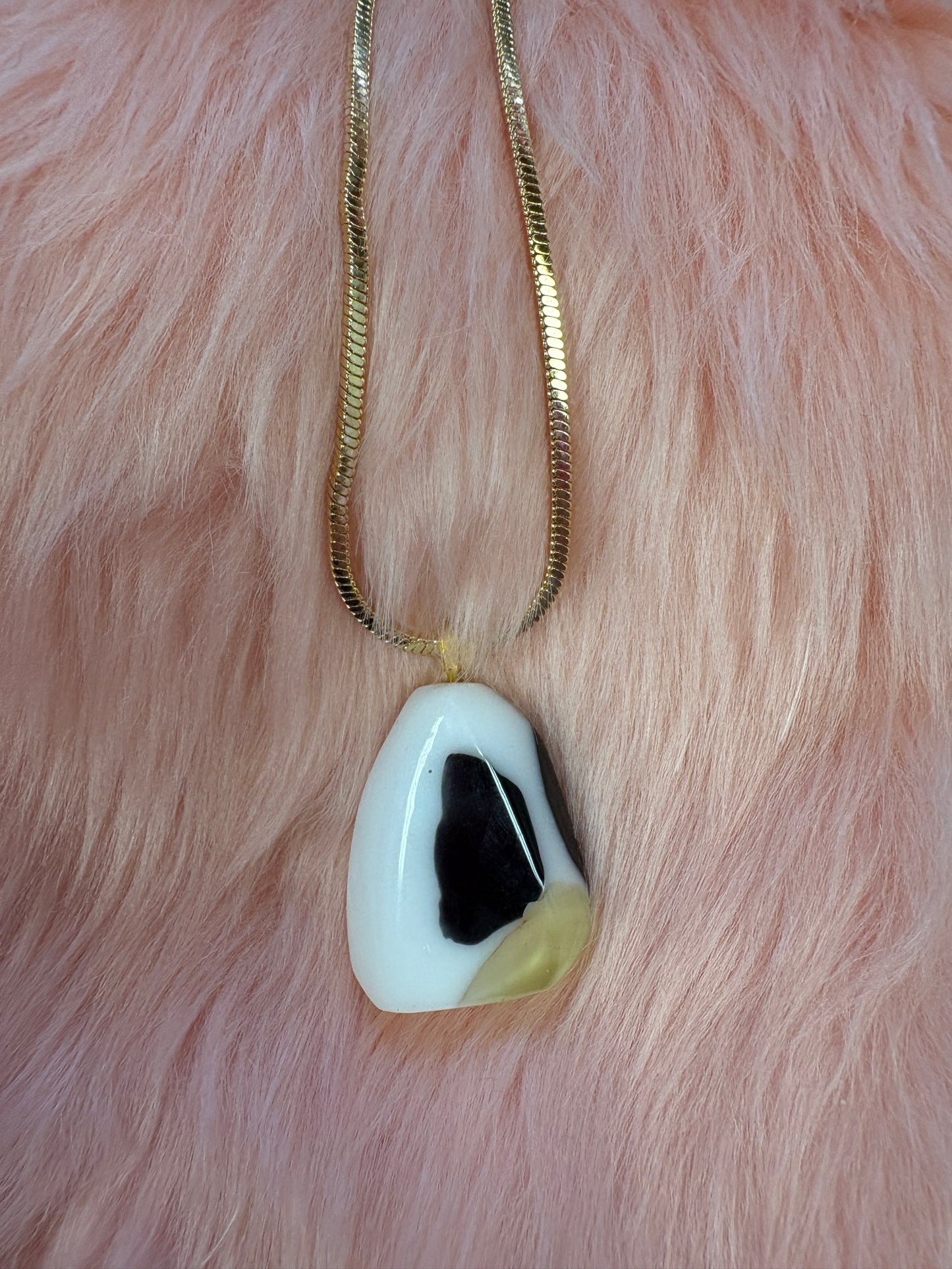 Fused Glass-white with black Triangle shaped Pendant on a gold Chain Necklace