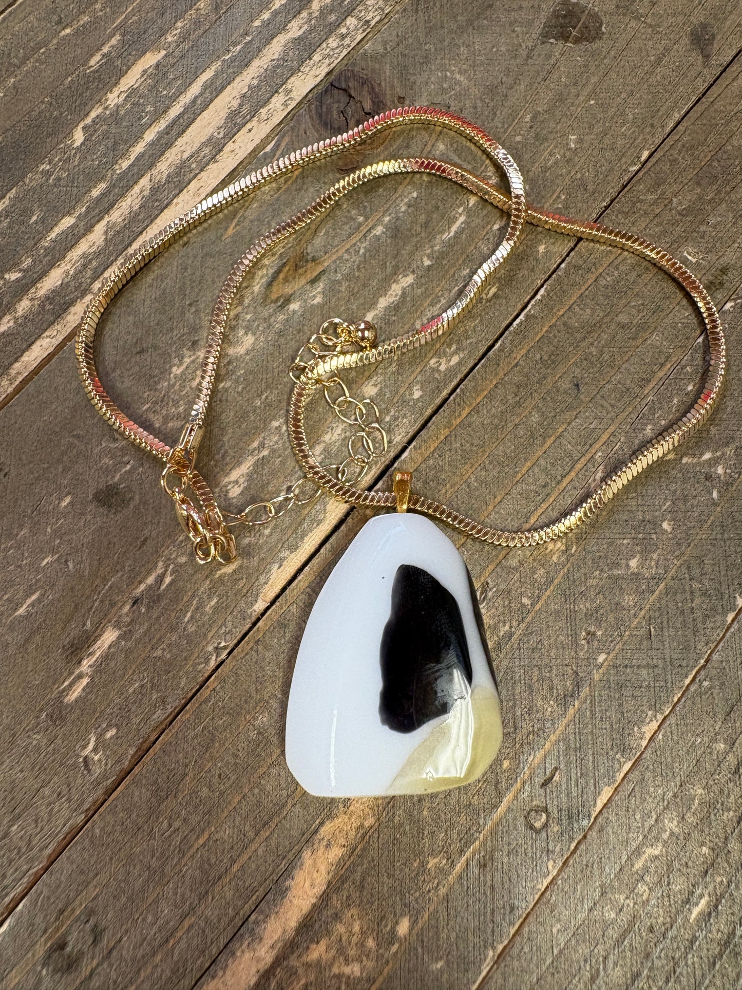 Fused Glass-white with black Triangle shaped Pendant on a gold Chain Necklace