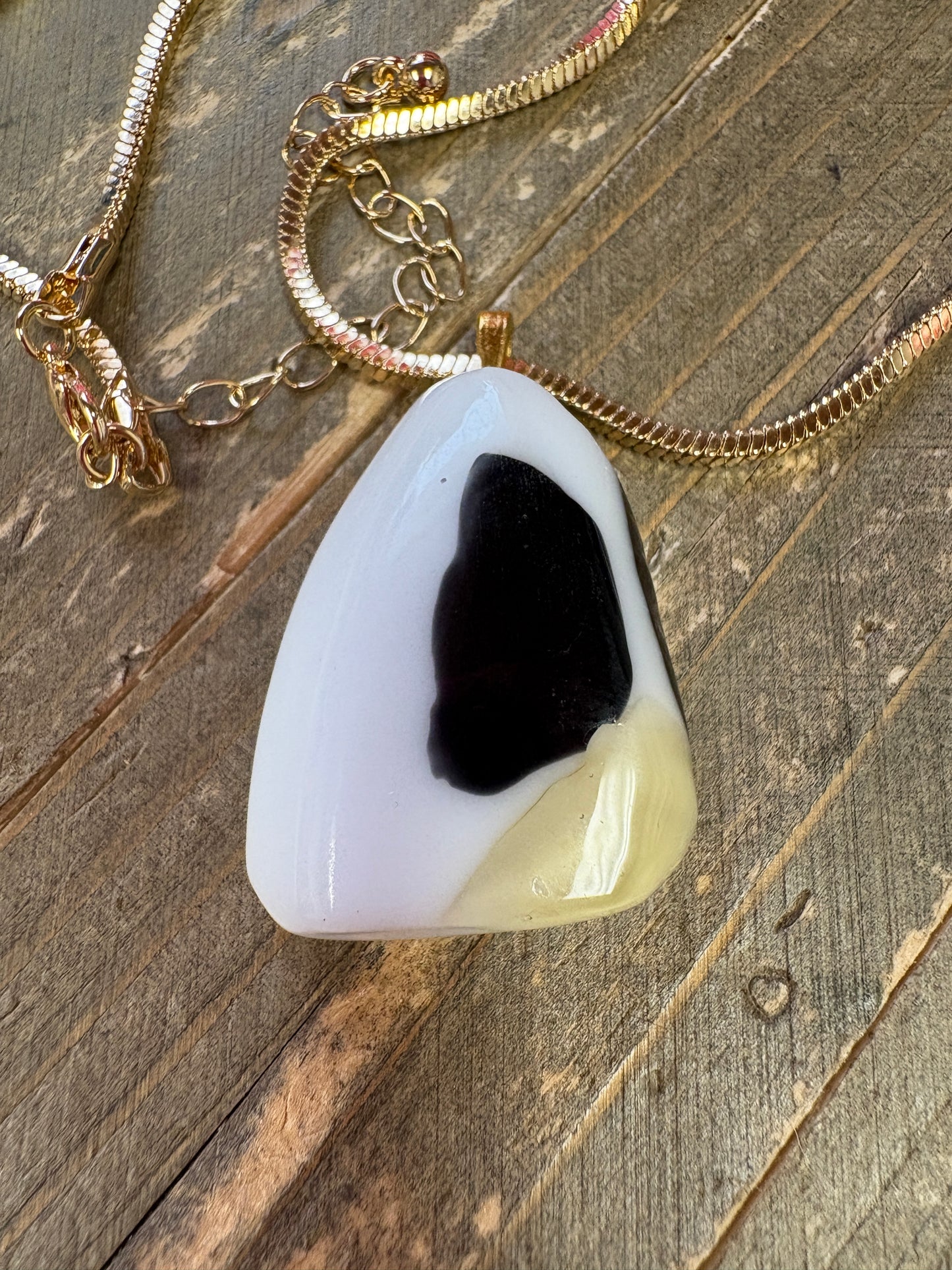 Fused Glass-white with black Triangle shaped Pendant on a gold Chain Necklace