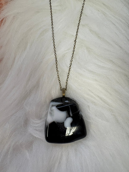 Fused Glass-Black with White Irregular shaped Pendant on a gunmetal Chain Necklace