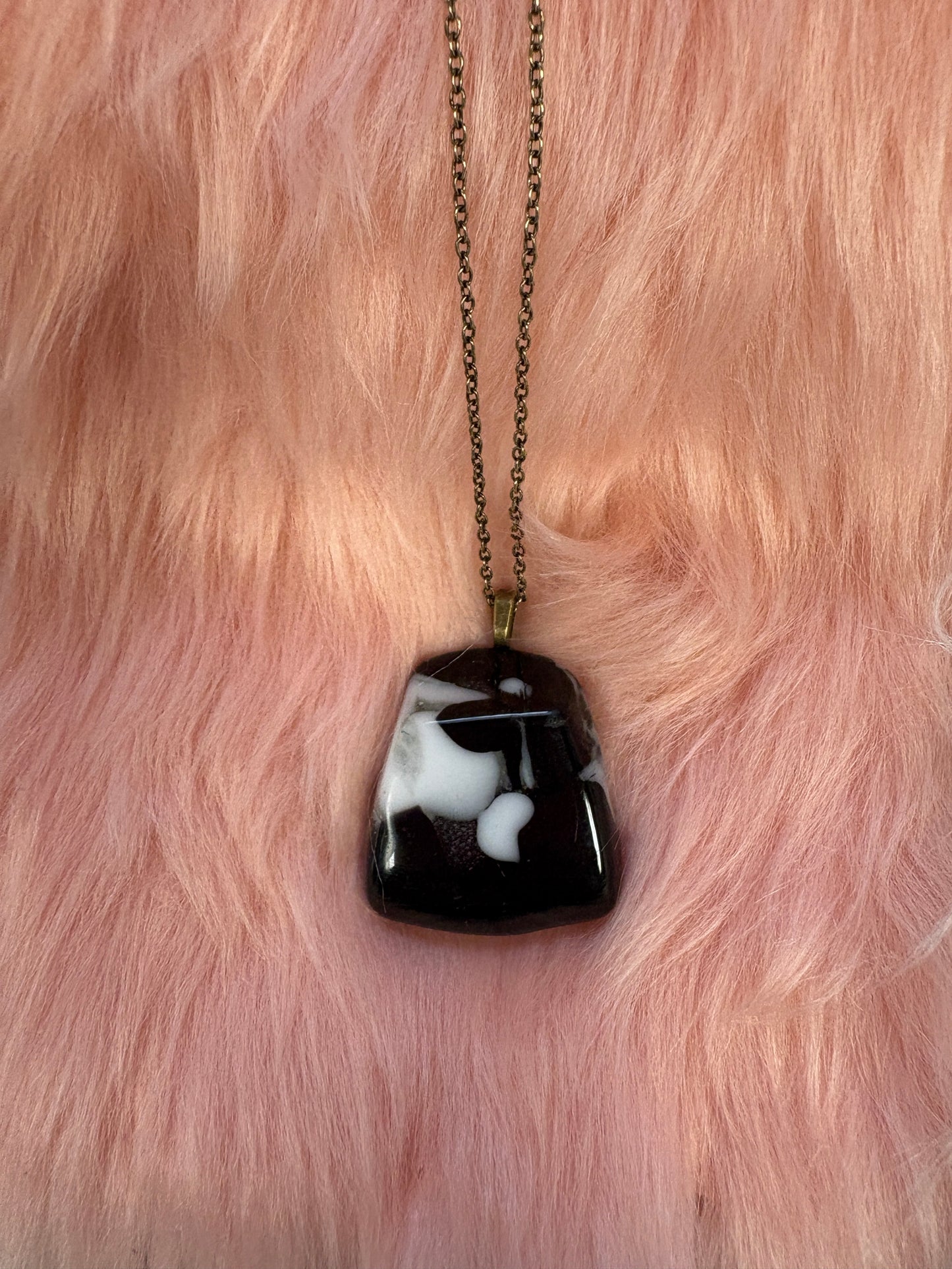 Fused Glass-Black with White Irregular shaped Pendant on a gunmetal Chain Necklace