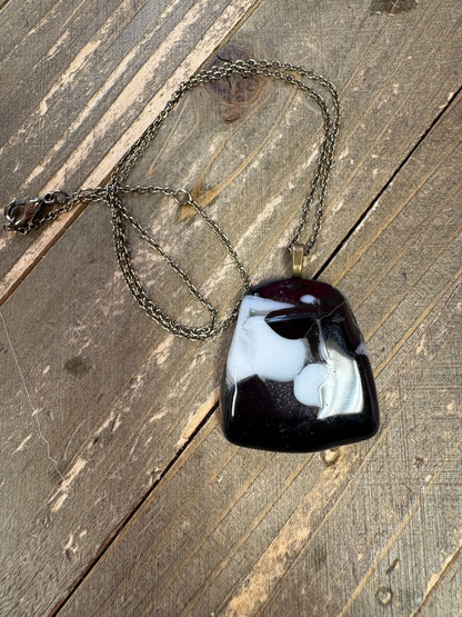 Fused Glass-Black with White Irregular shaped Pendant on a gunmetal Chain Necklace