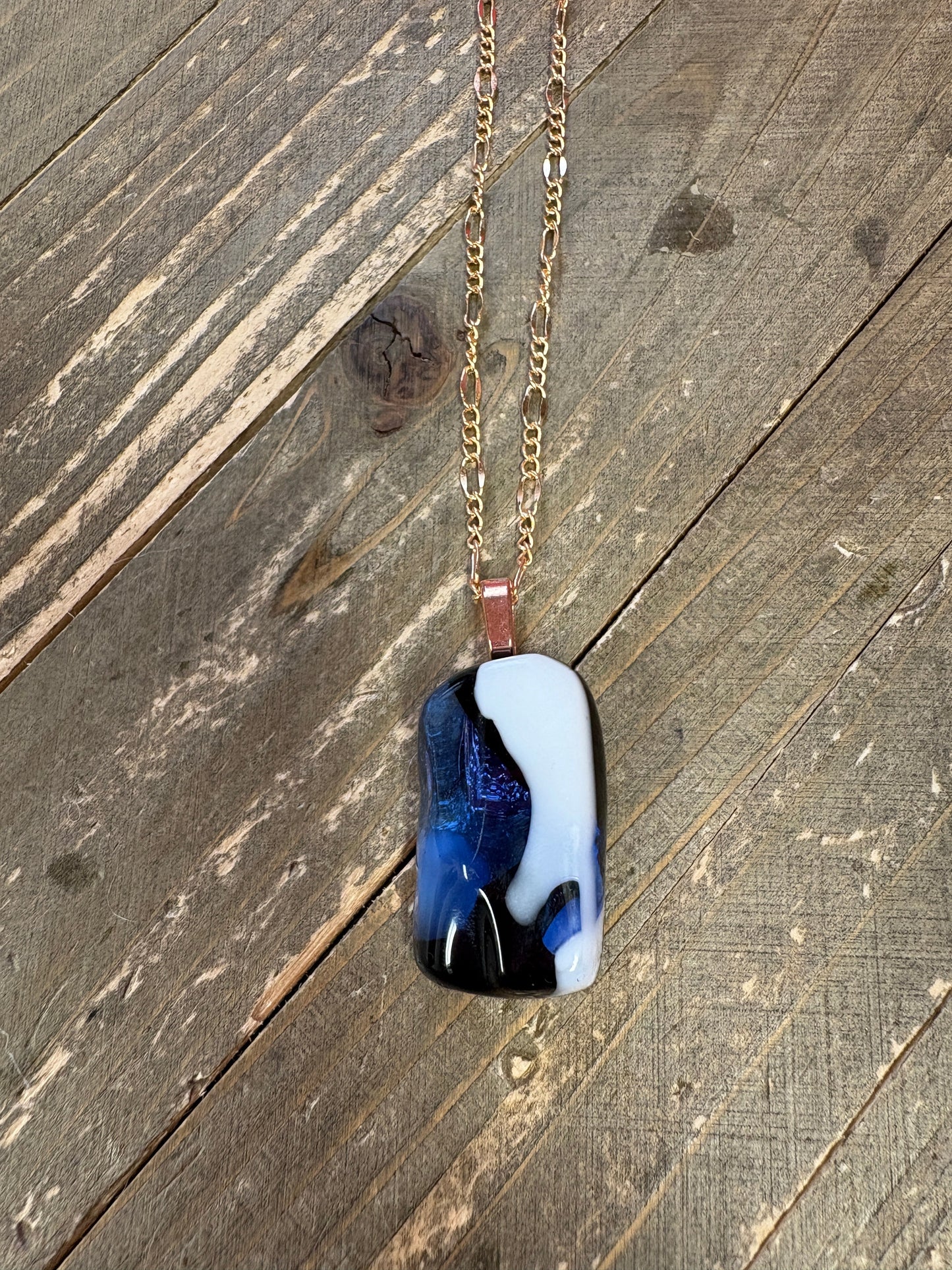 Fused Glass-blue, white & black rectangular shaped Pendant on a rose gold Chain Necklace