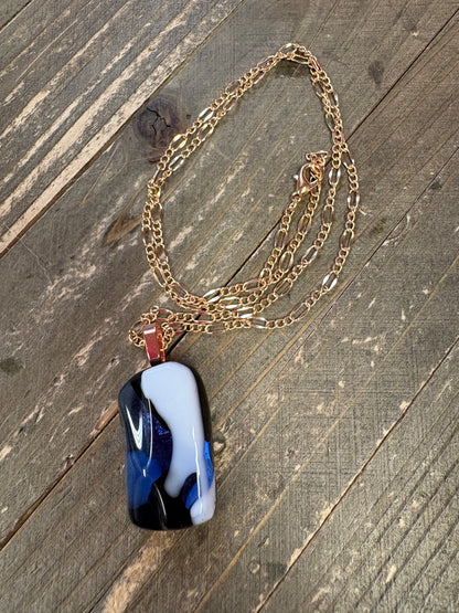 Fused Glass-blue, white & black rectangular shaped Pendant on a rose gold Chain Necklace