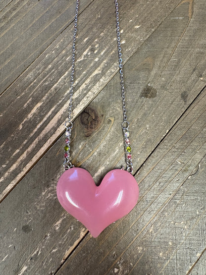 Valentine's Acrylic Pink Heart on a silver chain Necklace