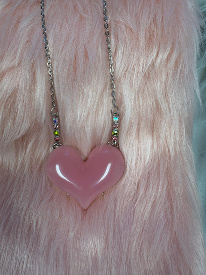 Valentine's Acrylic Pink Heart on a silver chain Necklace