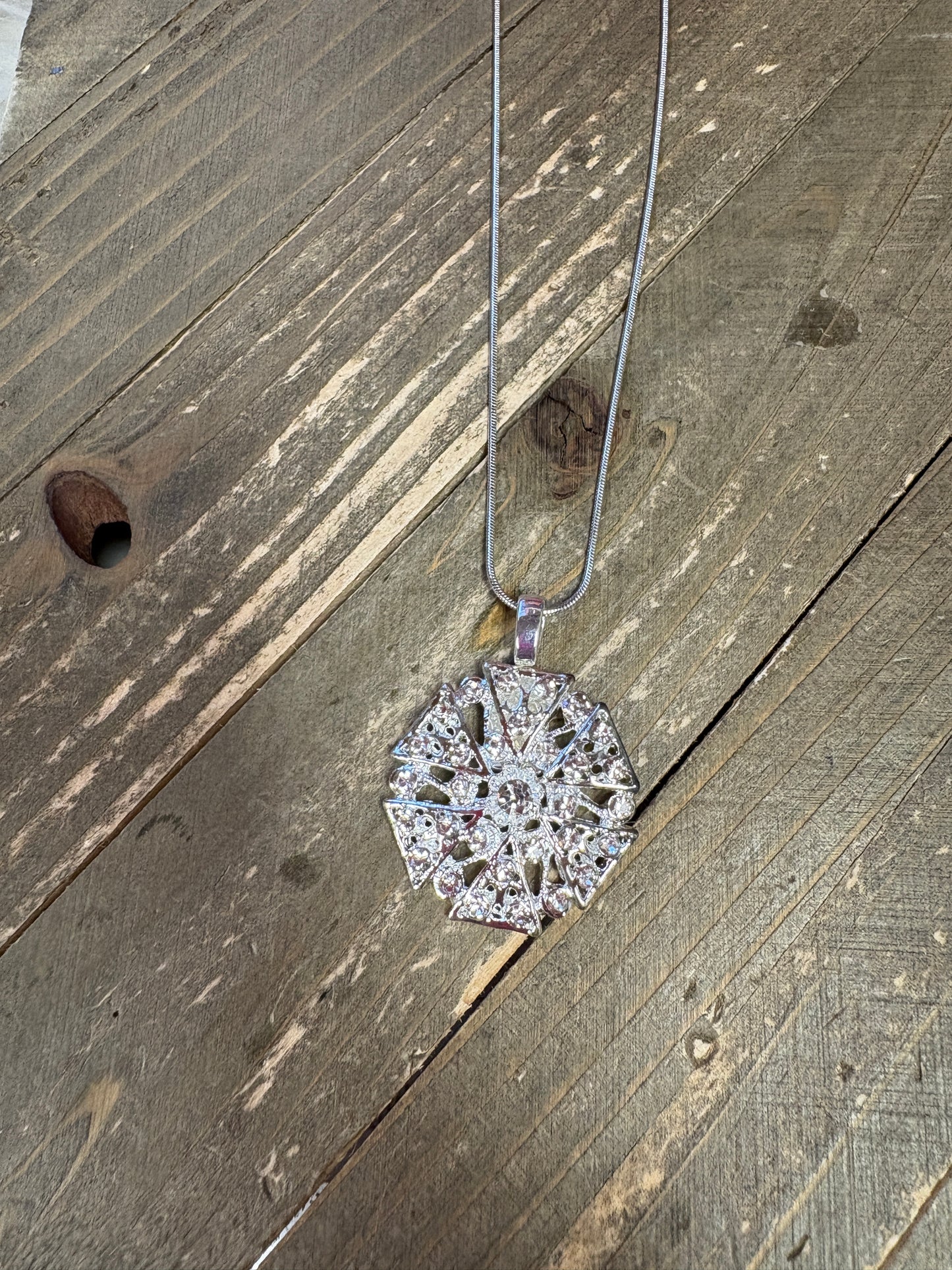 Silver Crystal Rhinestone Round Pendant on a silver chain Necklace