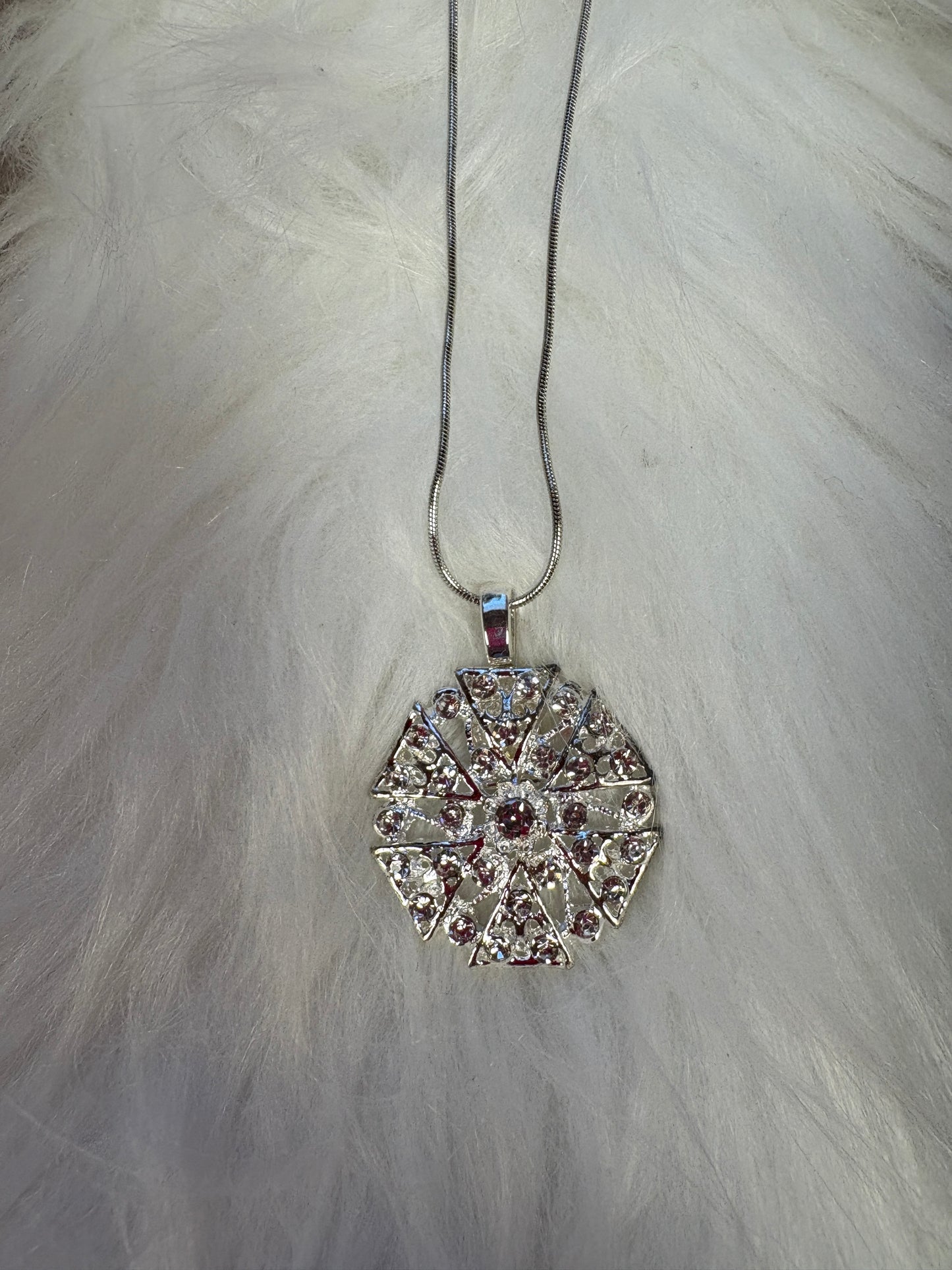 Silver Crystal Rhinestone Round Pendant on a silver chain Necklace