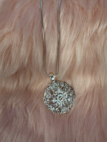 Silver Crystal Rhinestone Round Pendant on a silver chain Necklace