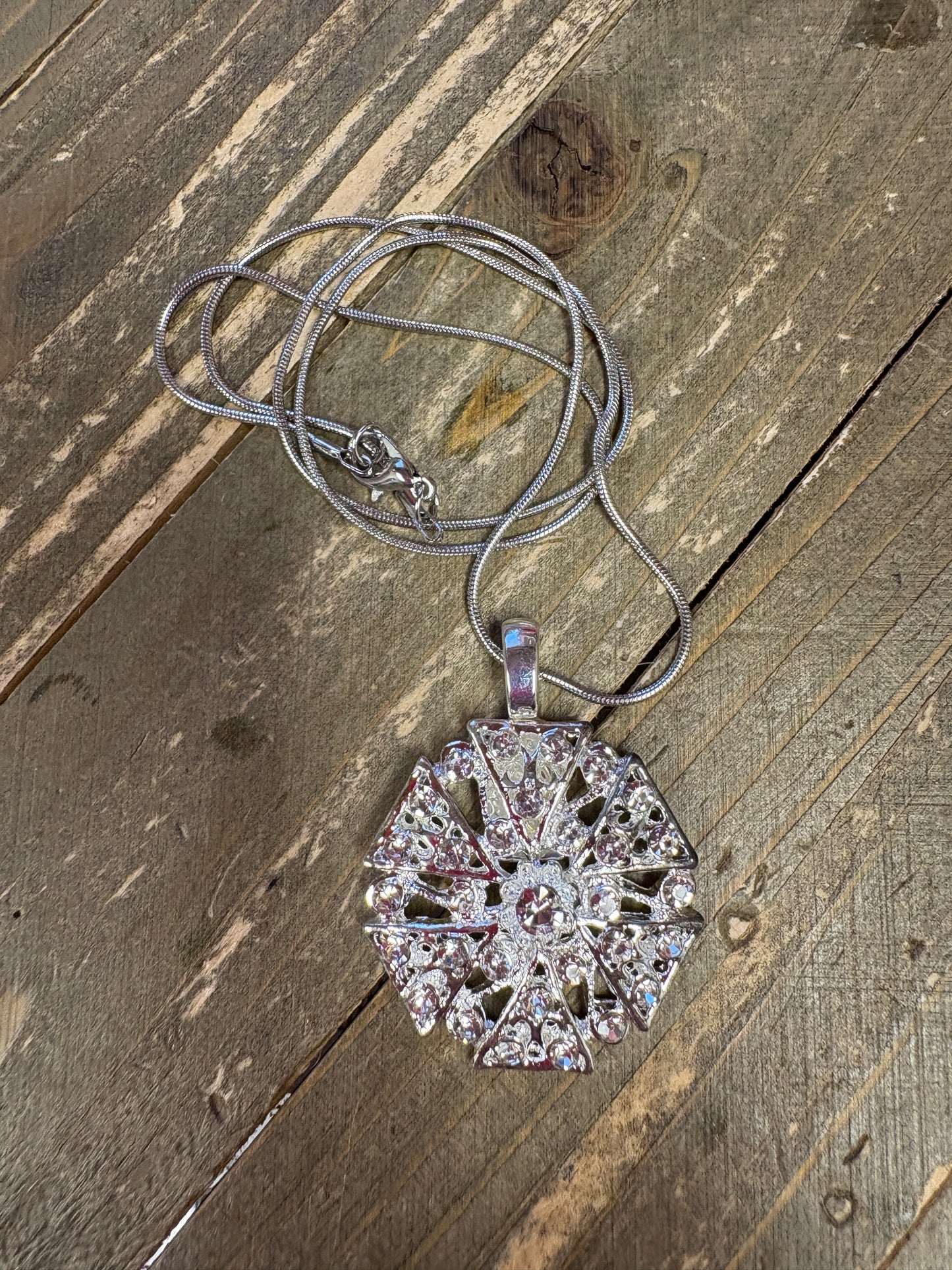 Silver Crystal Rhinestone Round Pendant on a silver chain Necklace