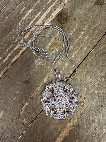 Silver Crystal Rhinestone Round Pendant on a silver chain Necklace