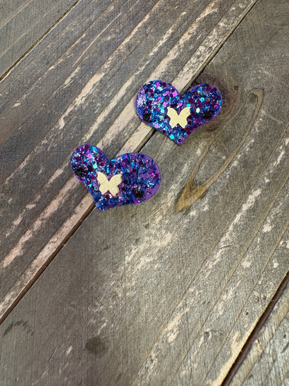 Purple Glitter Heart Stud Earrings