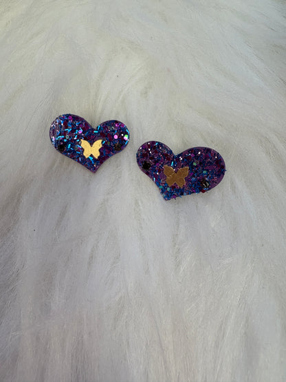 Purple Glitter Heart Stud Earrings