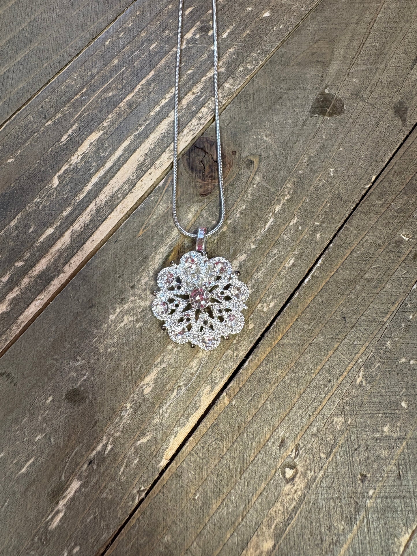 Silver Crystal Rhinestone flower Pendant on a silver chain Necklace