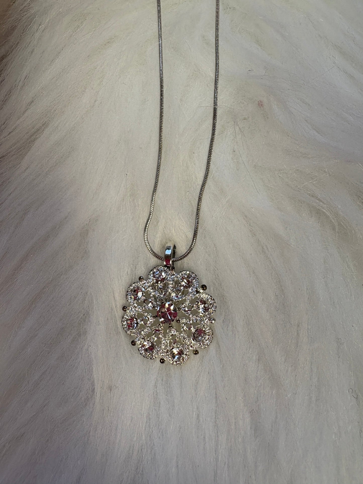 Silver Crystal Rhinestone flower Pendant on a silver chain Necklace