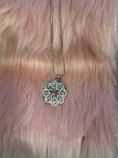 Silver Crystal Rhinestone flower Pendant on a silver chain Necklace