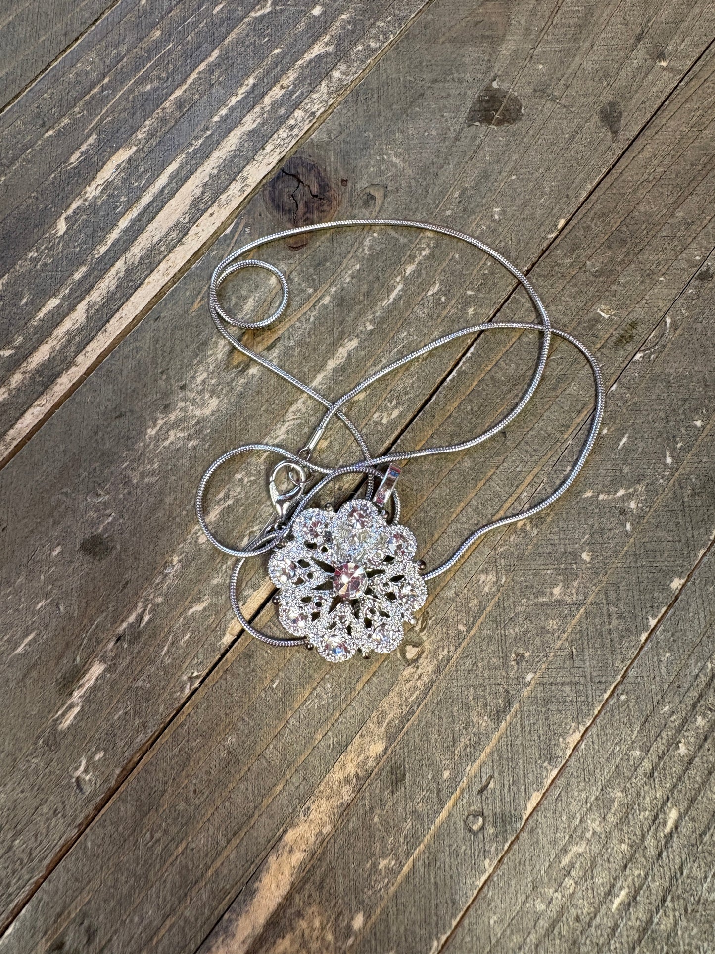 Silver Crystal Rhinestone flower Pendant on a silver chain Necklace