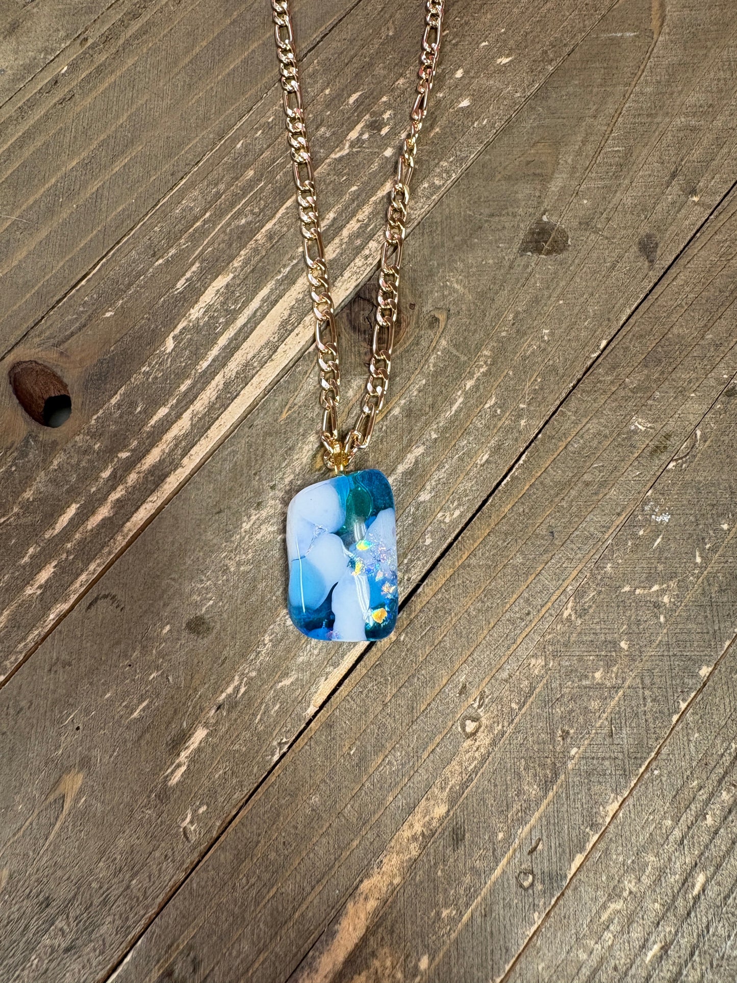 Fused Glass-blue with white rectangular shaped Pendant on a gold Chain Necklace