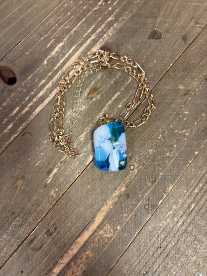 Fused Glass-blue with white rectangular shaped Pendant on a gold Chain Necklace