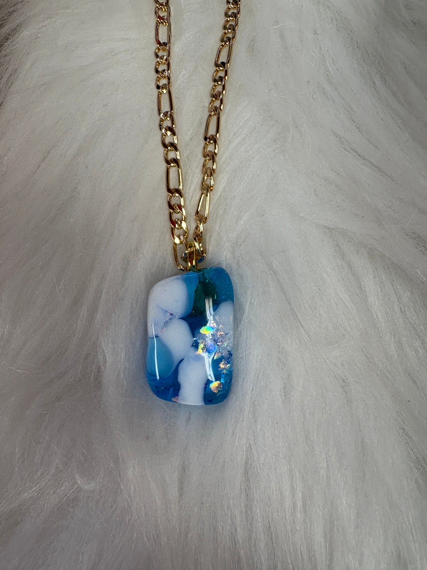 Fused Glass-blue with white rectangular shaped Pendant on a gold Chain Necklace