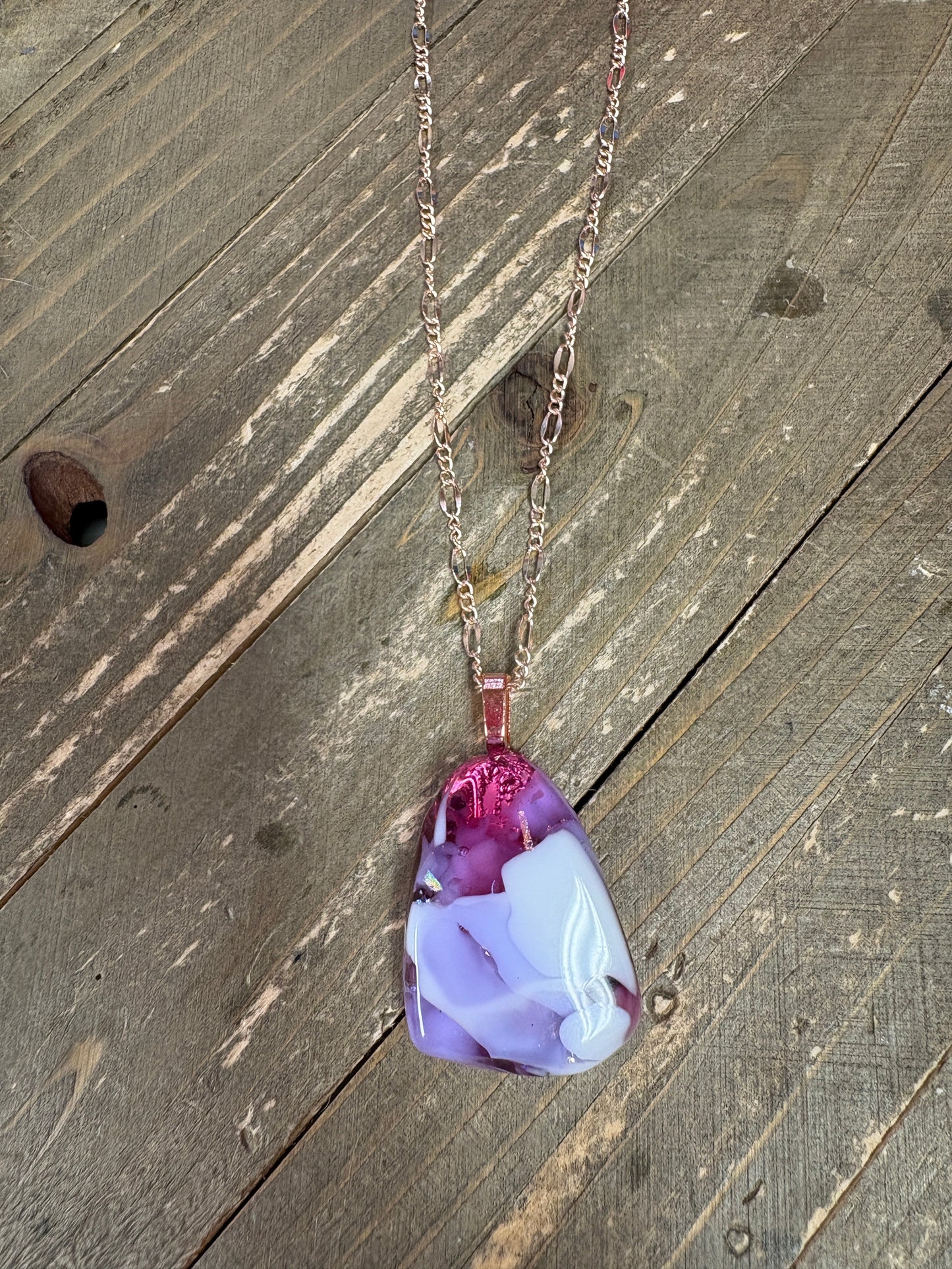 Fused Glass-pink, white & purple triangle shaped Pendant on a rose gold Chain Necklace