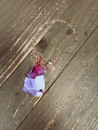 Fused Glass-pink, white & purple triangle shaped Pendant on a rose gold Chain Necklace