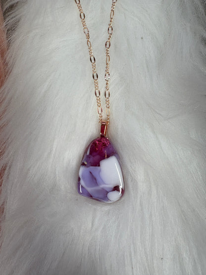 Fused Glass-pink, white & purple triangle shaped Pendant on a rose gold Chain Necklace