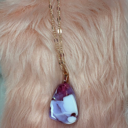 Fused Glass-pink, white & purple triangle shaped Pendant on a rose gold Chain Necklace