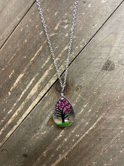 Floating Tree &amp; Flower Teardrop on a Silver chain NecklacePink tiful of LOVE