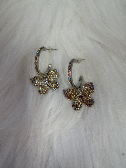 Yellow Iridescent Rhinestone Butterfly Silver HoopEarrings